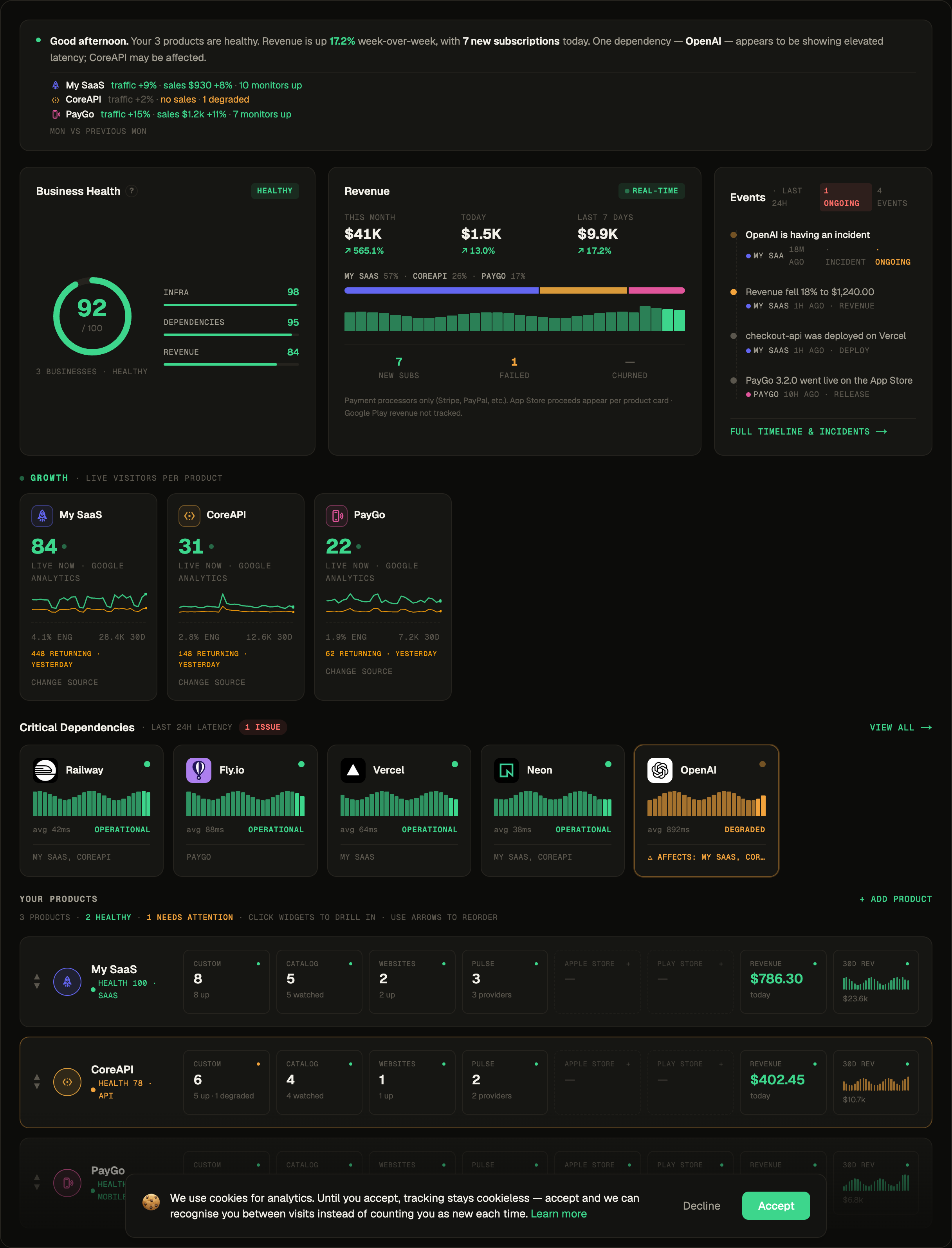 The Main View — the briefing, revenue, live visitors, business health, critical dependencies and every product in one dashboard
