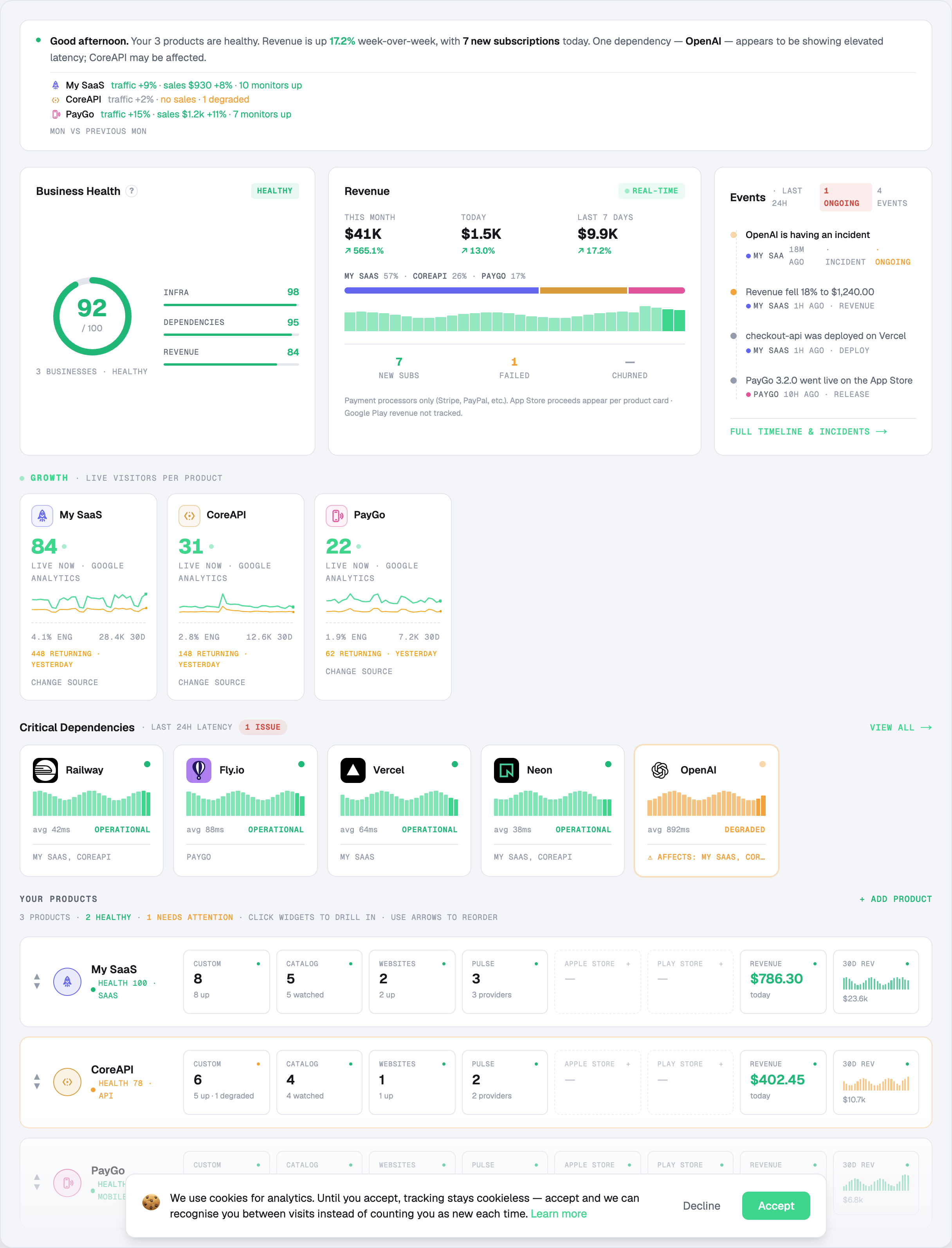 The Main View — the briefing, revenue, live visitors, business health, critical dependencies and every product in one dashboard